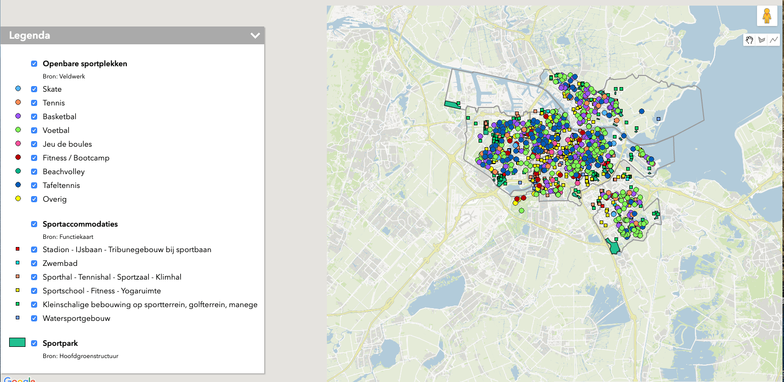 grafische kaart van centrum amsterdam met dots de dichtheid van voorzieningen aangegeven