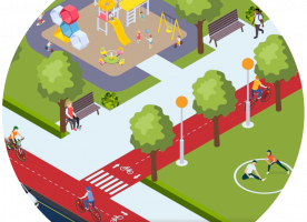 geïllustreerd voorbeeld van een beweegvriendelijke omgeving: fietspad langs een park en speeltuin